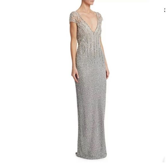 Pamella Roland Sequin Crystal Plunging Dress